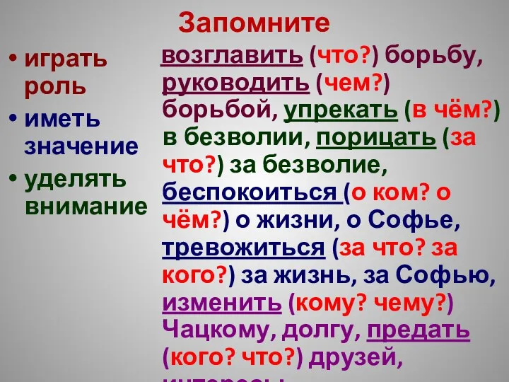 Запомните играть роль иметь значение уделять внимание возглавить (что?) борьбу,