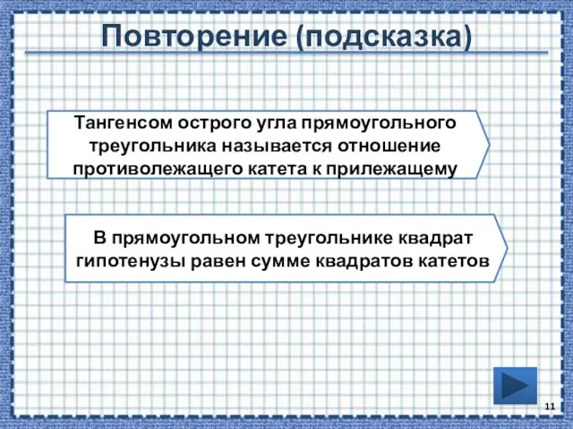 Повторение (подсказка) Тангенсом острого угла прямоугольного треугольника называется отношение противолежащего