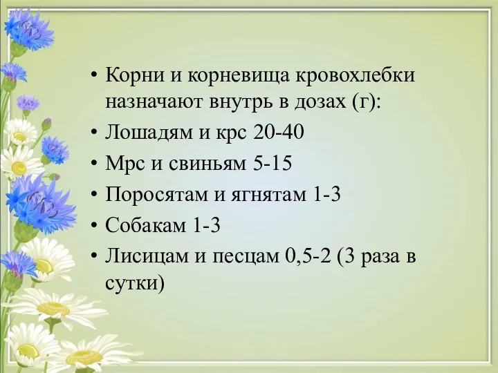 Корни и корневища кровохлебки назначают внутрь в дозах (г): Лошадям и крс 20-40