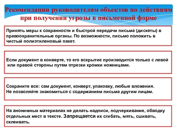 Рекомендации руководителям объектов по действиям при получении угрозы в письменной