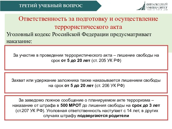 Ответственность за подготовку и осуществление террористического акта Уголовный кодекс Российской