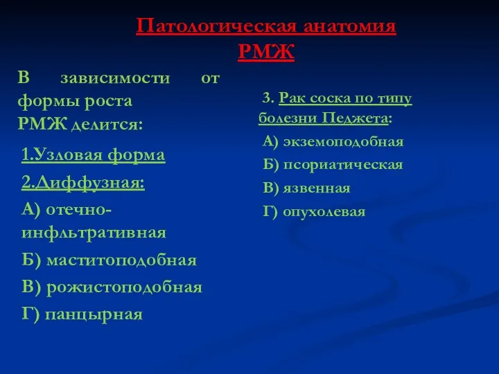 1.Узловая форма 2.Диффузная: А) отечно-инфльтративная Б) маститоподобная В) рожистоподобная Г) панцырная 3. Рак