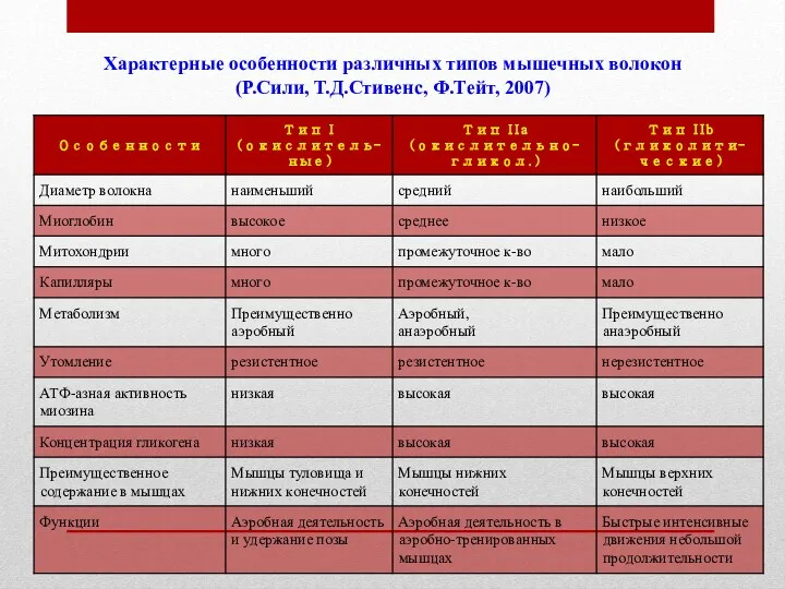 Характерные особенности различных типов мышечных волокон (Р.Сили, Т.Д.Стивенс, Ф.Тейт, 2007)