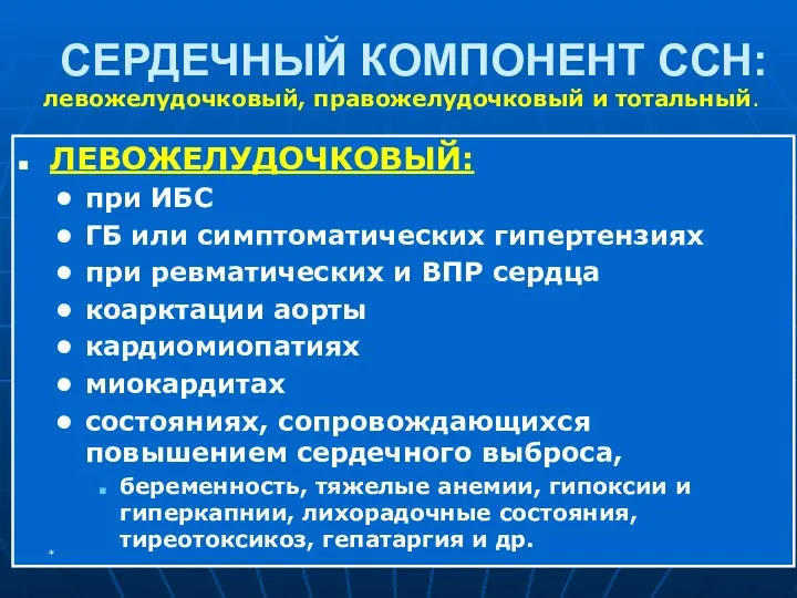 СЕРДЕЧНЫЙ КОМПОНЕНТ ССН: ЛЕВОЖЕЛУДОЧКОВЫЙ: при ИБС ГБ или симптоматических гипертензиях