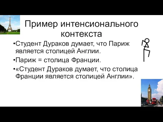 Пример интенсионального контекста Студент Дураков думает, что Париж является столицей