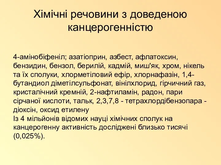 Хімічні речовини з доведеною канцерогенністю 4-амінобіфеніл; азатіоприн, азбест, афлатоксин, бензидин,