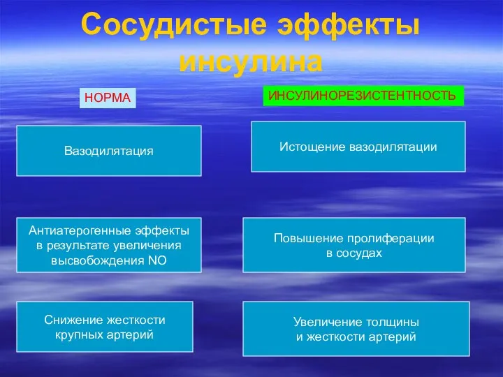 Сосудистые эффекты инсулина Вазодилятация Истощение вазодилятации Антиатерогенные эффекты в результате