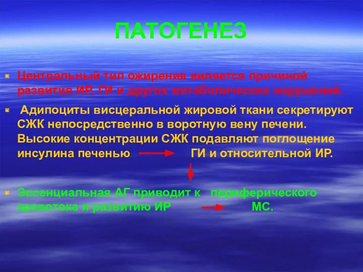 ПАТОГЕНЕЗ Центральный тип ожирения является причиной развития ИР, ГИ и