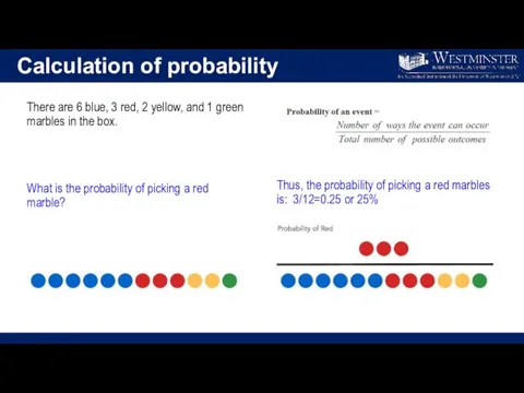 Calculation of probability There are 6 blue, 3 red, 2 yellow, and 1