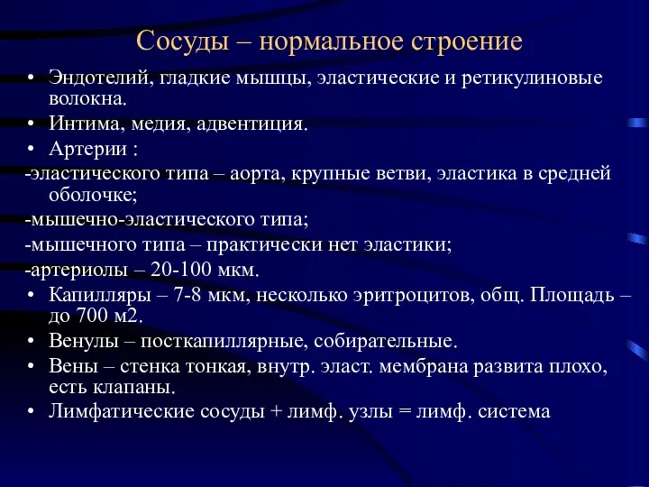 Сосуды – нормальное строение Эндотелий, гладкие мышцы, эластические и ретикулиновые