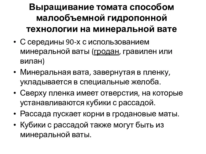 Выращивание томата способом малообъемной гидропонной технологии на минеральной вате С