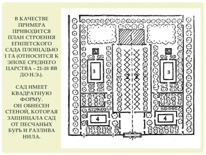 В КАЧЕСТВЕ ПРИМЕРА ПРИВОДИТСЯ ПЛАН СТРОЕНИЯ ЕГИПЕТСКОГО САДА ПЛОЩАДЬЮ 1