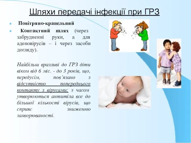 Шляхи передачі інфекції при ГРЗ Повітряно-крапельний Контактний шлях (через забрудненні руки, а для