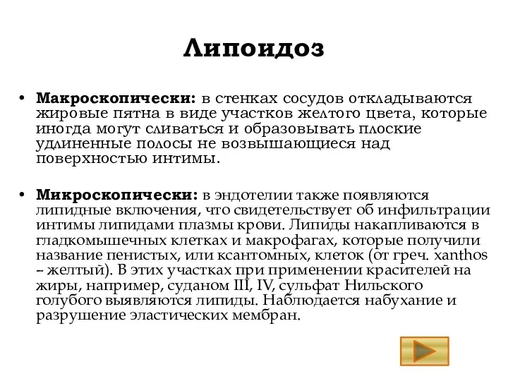 Липоидоз Макроскопически: в стенках сосудов откладываются жировые пятна в виде