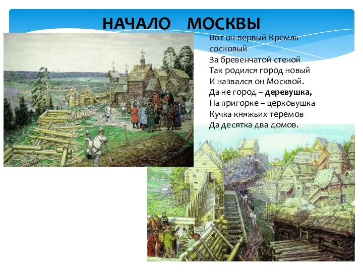 НАЧАЛО МОСКВЫ Вот он первый Кремль сосновый За бревенчатой стеной