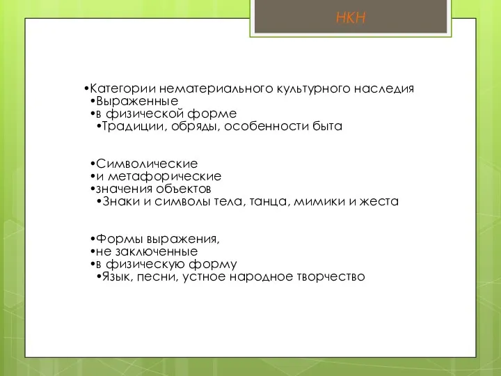 Категории нематериального культурного наследия Выраженные в физической форме Традиции, обряды,