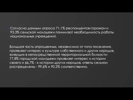 Согласно данным опроса 71,1% респондентов-горожан и 93,3% сельской молодежи понимают необходимость работы национальных