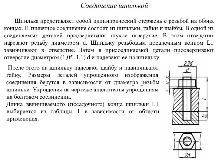 Соединение шпилькой Шпилька представляет собой цилиндрический стержень с резьбой на