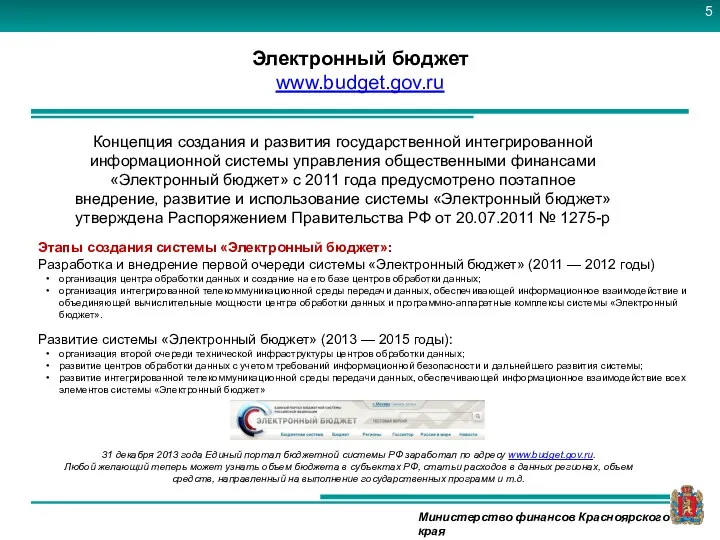 Электронный бюджет www.budget.gov.ru Концепция создания и развития государственной интегрированной информационной