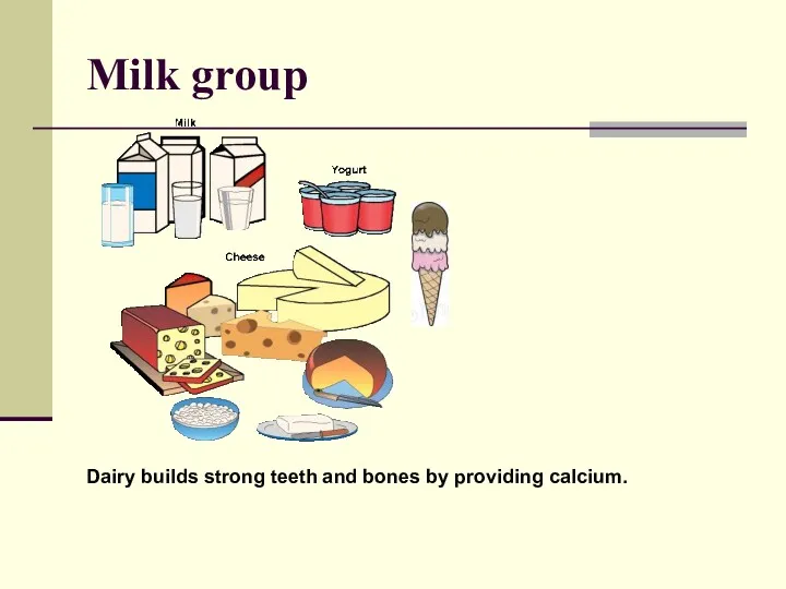 Milk group Dairy builds strong teeth and bones by providing calcium.