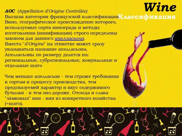 Wine Классификация AOC (Appellation d'Origine Contrôlée) Высшая категория французской классификации.