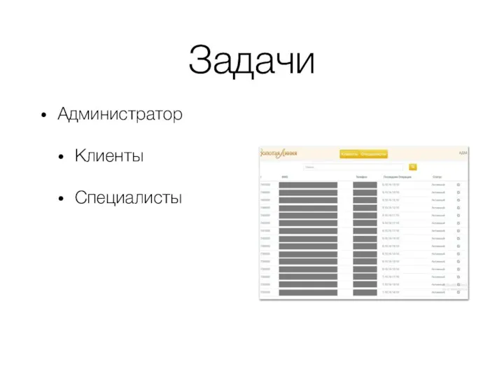 Задачи Администратор Клиенты Специалисты