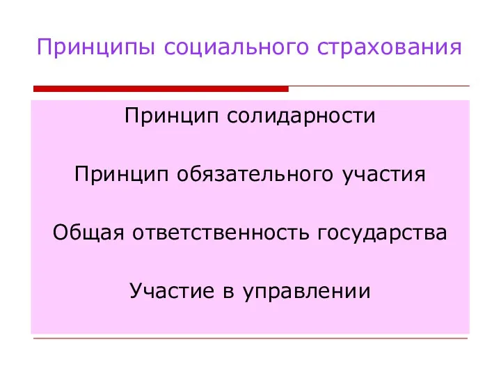 Принципы социального страхования Принцип солидарности Принцип обязательного участия Общая ответственность государства Участие в управлении