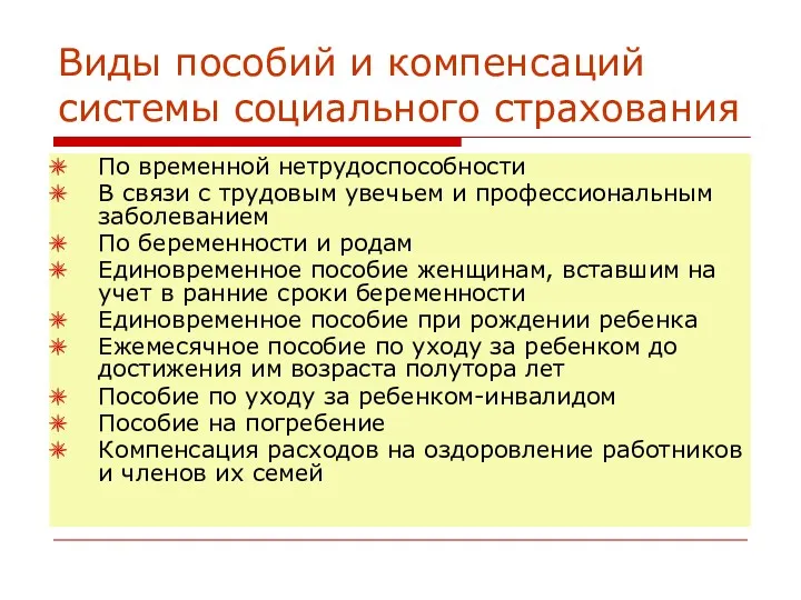 Виды пособий и компенсаций системы социального страхования По временной нетрудоспособности