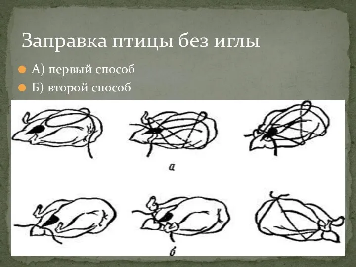 А) первый способ Б) второй способ Заправка птицы без иглы