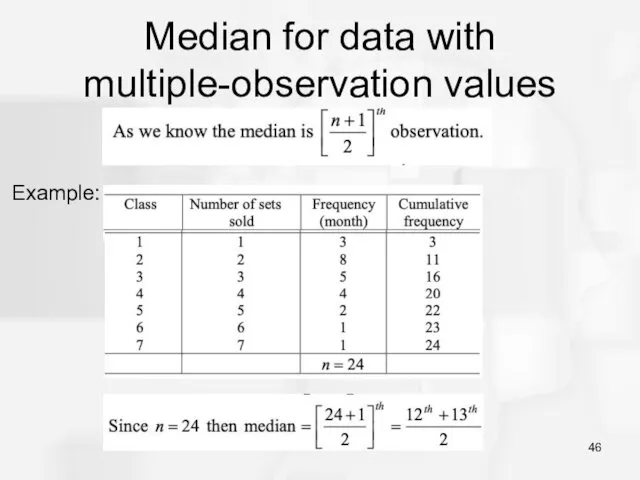 Median for data with multiple-observation values Example: