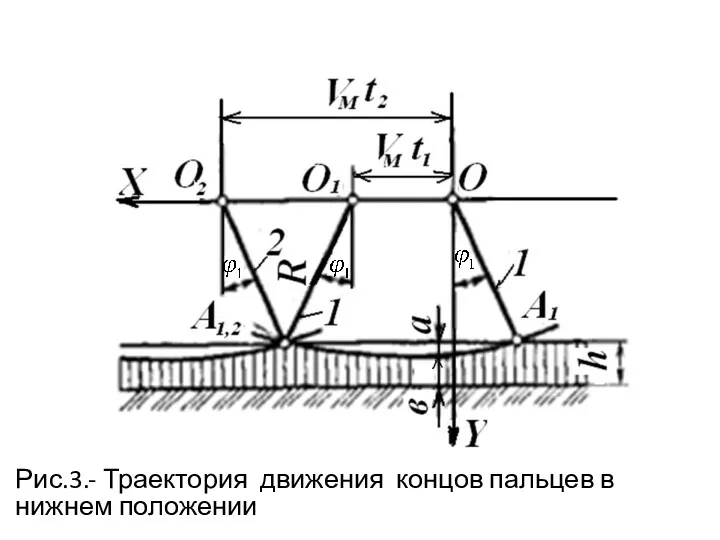 Рис.3.- Траектория движения концов пальцев в нижнем положении