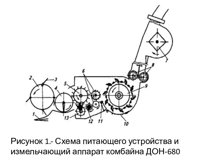 Рисунок 1.- Схема питающего устройства и измельчающий аппарат комбайна ДОН-680