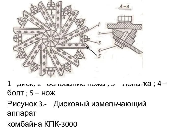 1 –диск; 2 –основание ножа ; 3 – лопатка ; 4 – болт