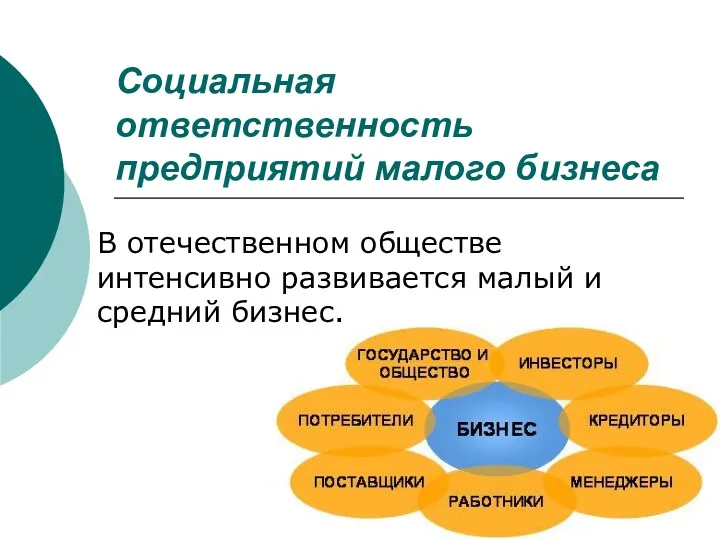 Социальная ответственность предприятий малого бизнеса В отечественном обществе интенсивно развивается малый и средний бизнес.