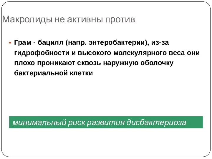 Макролиды не активны против Грам - бацилл (напр. энтеробактерии), из-за