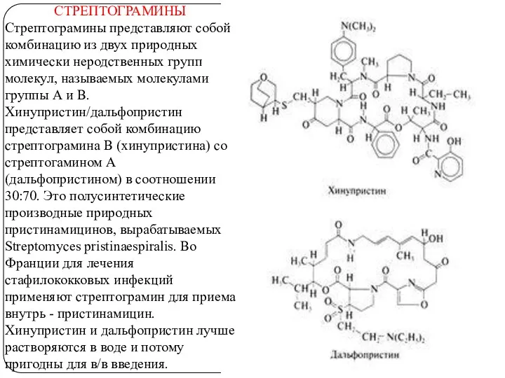 СТРЕПТОГРАМИНЫ Стрептограмины представляют собой комбинацию из двух природных химически неродственных