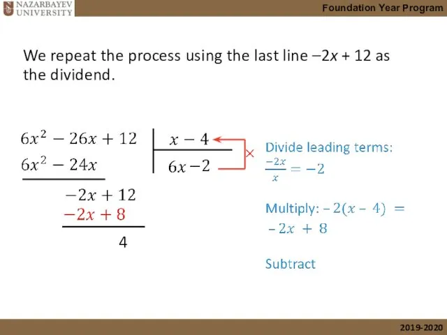 We repeat the process using the last line –2x + 12 as the dividend. 4