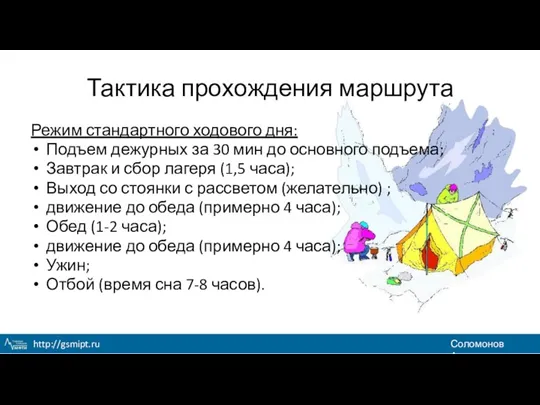 Тактика прохождения маршрута Режим стандартного ходового дня: Подъем дежурных за