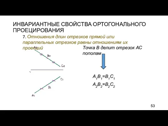 ИНВАРИАНТНЫЕ СВОЙСТВА ОРТОГОНАЛЬНОГО ПРОЕЦИРОВАНИЯ 7. Отношения длин отрезков прямой или