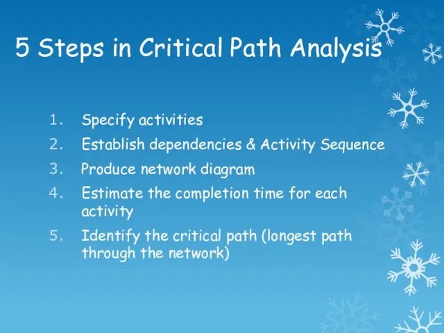 5 Steps in Critical Path Analysis Specify activities Establish dependencies & Activity Sequence