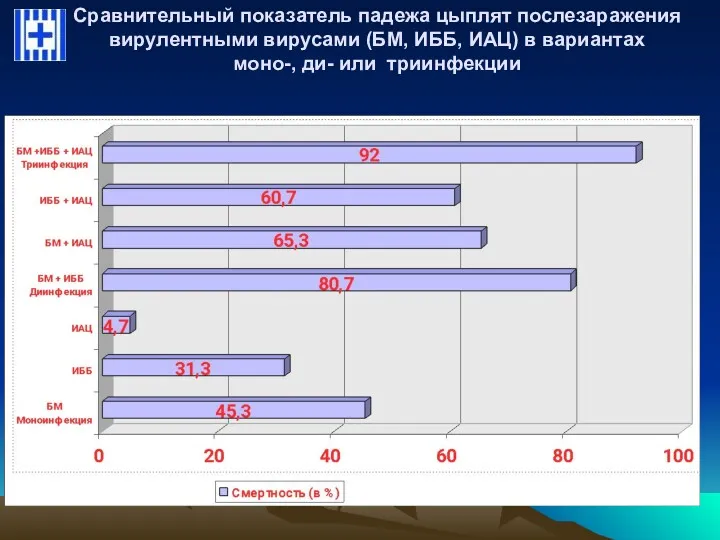 Сравнительный показатель падежа цыплят послезаражения вирулентными вирусами (БМ, ИББ, ИАЦ) в вариантах моно-, ди- или триинфекции