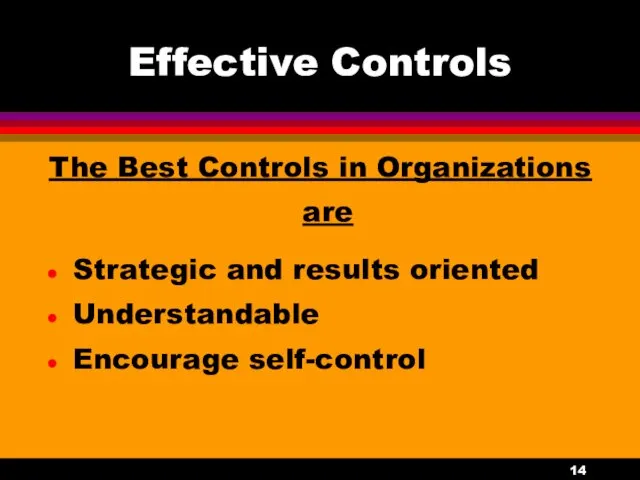 Effective Controls The Best Controls in Organizations are Strategic and results oriented Understandable Encourage self-control