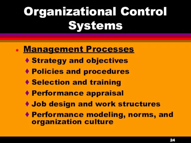Organizational Control Systems Management Processes Strategy and objectives Policies and procedures Selection and
