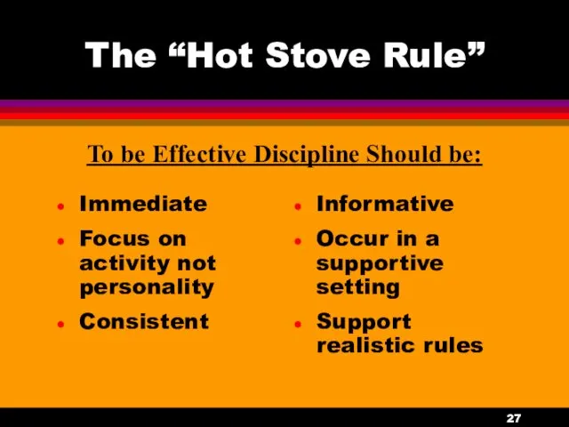 The “Hot Stove Rule” Immediate Focus on activity not personality Consistent Informative Occur