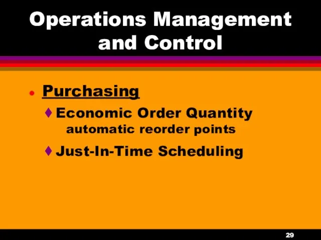 Operations Management and Control Purchasing Economic Order Quantity automatic reorder points Just-In-Time Scheduling