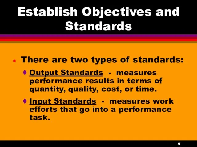 Establish Objectives and Standards There are two types of standards: Output Standards -