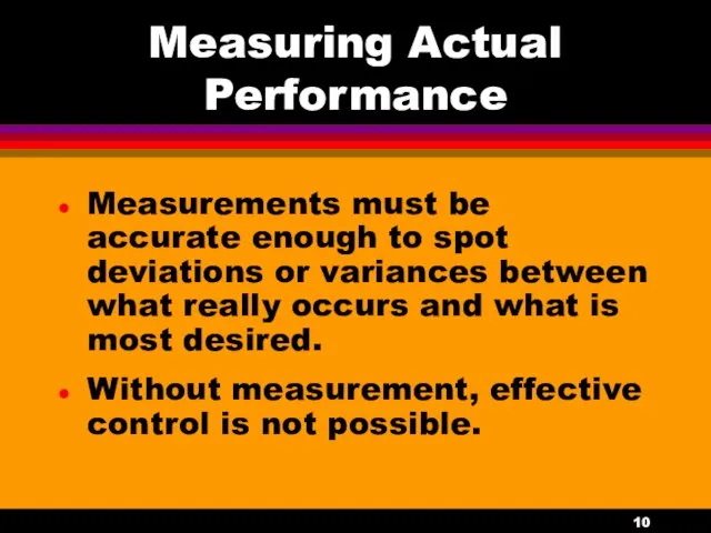 Measuring Actual Performance Measurements must be accurate enough to spot deviations or variances