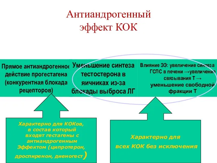 Прямое антиандрогенное действие прогестагена (конкурентная блокада рецепторов) Уменьшение синтеза тестостерона