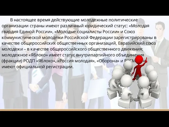 В настоящее время действующие молодежные политические организации страны имеют различный