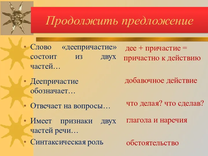 Продолжить предложение Слово «деепричастие» состоит из двух частей… Деепричастие обозначает…